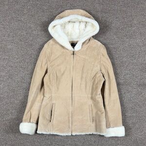Vintage Beige Tan Suede Leather Hooded Faux Fur Lined Jacket Women’s M Retro Y2K